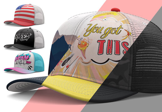 6-Panel Trucker Hat Mockup PSD &ndash; Realistic Photoshop Template with Customizable Object Layer for Cap and Apparel Design