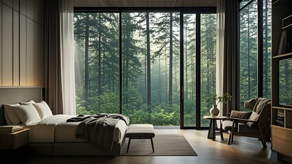 Charming bedroom with breathtaking forest view. Wake up to the sights and sounds of nature, offering a serene escape and a peaceful atmosphere for relaxation