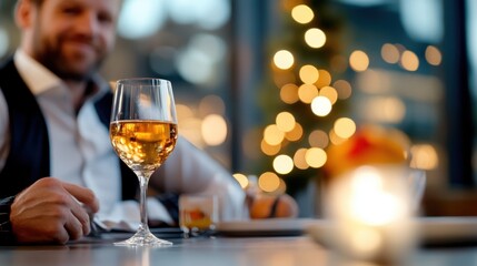 Obraz premium A smiling man enjoys a glass of wine at a restaurant table, enveloped by a soft bokeh background of shimmering lights, creating a cozy dining atmosphere.