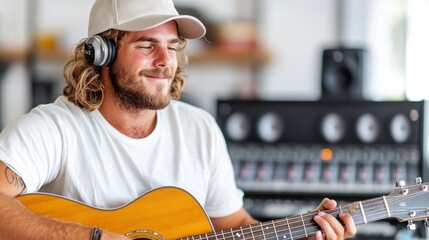 A man with long hair and a cap, wearing headphones, plays an acoustic guitar in a studio setting, surrounded by audio equipment, exuding creativity and joy.