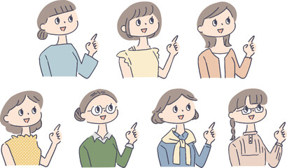 上を指差す女性のイラストセット