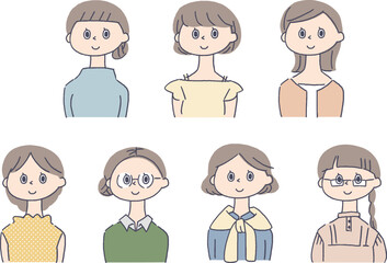 女性の上半身のイラストセット