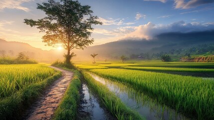 Obraz premium Scenic Rice Paddy Fields with a Tree and Dirt Path