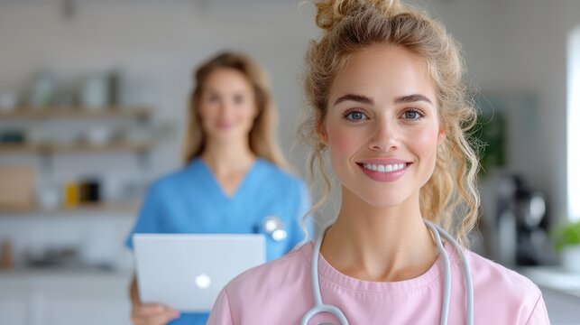 A young nurse in pink scrubs, smiling warmly, with a stethoscope around her neck, embodiment of positivity, care, and professionalism in healthcare setting.