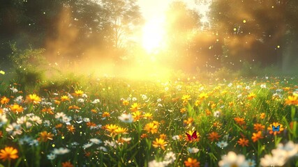 beautiful spring evening with soft light in the meadow nature background seamless looping overlay 4k virtual video animation background - Powered by Adobe