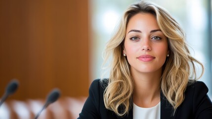 A confident woman in a suit sits in a professional setting, conveying a sense of assurance. Her gaze is direct, suggesting determination and focus.