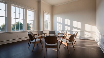 Fototapeta premium Therapy room, circle of chairs, sunlight, herringbone floor, wooden flooring, natural light, empty chairs, group session, counseling space, window light, mid-century modern, minimalist, therapeutic se