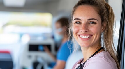 A smiling paramedic with a stethoscope is in an ambulance, sitting next to another crew member in medical gear. The bright interior shows readiness and teamwork.