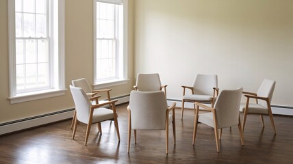 Fototapeta premium Therapy room, circle of chairs, sunlight, herringbone floor, wooden flooring, natural light, empty chairs, group session, counseling space, window light, mid-century modern, minimalist, therapeutic se