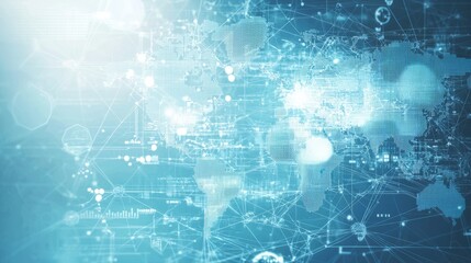 Obraz premium High-tech digital map showcasing global connectivity with intricate data patterns in a luminous blue atmosphere