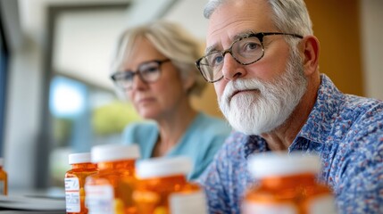 An older man and woman with glasses examining multiple prescription bottles, indicative of careful medication management and health awareness in daily life.