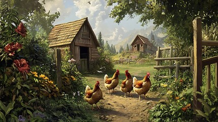 A group of chickens walking in the farmyard, with a rustic chicken coop visible in the background