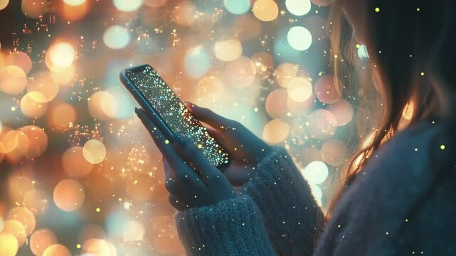 closeup view of girl holding modern smartphone with blurred lights background seamless looping overlay 4k virtual video animation background