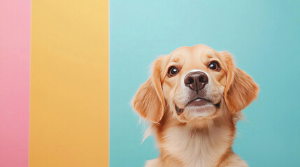 Adorable puppy with expressive eyes and playful filters, set against a colorful, shareable background, social media, viral pet charm, trending content. space for text, ultra HD,