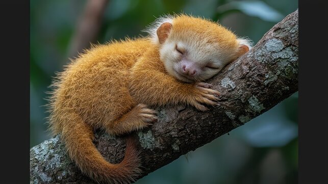 A rare, Silky Anteater wrapped around a tree branch, its soft, golden fur and tiny hands grasping the bark. creating a contrast with the softly blurred green background. The anteaters sleepy