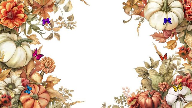 colorful pumpkins rust brown and white flowers on white background with space for text seamless looping overlay 4k virtual video animation background