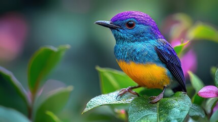 Obraz premium a Purple Honeycreeper perched on a vibrant green leaf, showcasing its deep violet-blue feathers against its sharp black beak and yellow legs. This stunning portrait highlights the honeycreepers small 