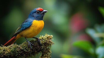 Obraz premium a Paradise Tanager perched on a mossy branch, with its blue body, green head, yellow back, and red tail feathers in perfect focus.Every color is enhanced by the soft, natural light filtering through 