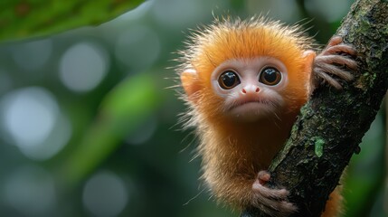 Fototapeta premium A close-up, high-resolution image of a Pygmy Marmoset, the worlds smallest monkey, with its golden-brown fur and curious expression as it clings to a tree branch. each delicate strand of fur