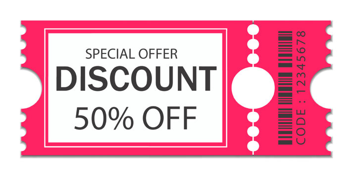 Discount Coupons Ticket. 50 Sale Voucher Coupon. Coupon for web design. Isolated Label on transparent background, Sale banner with discount coupon. Pink Vector gift voucher vector icon Tag