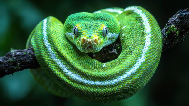 A high-resolution close-up of an Emerald Tree Boa coiled around a branch, its vivid green scales with white zigzag patterns captured in stunning detail. The background is softly blurred, emphasizing t