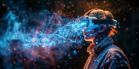 Person wearing virtual reality headset surrounded by vibrant particles and digital waves,