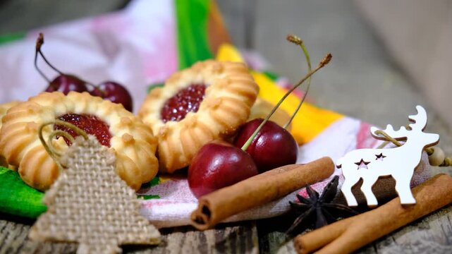 Cookies with cherry jam. Homemade freshly baked shortbread cookies, Christmas atmospheric mood. Happy New Year