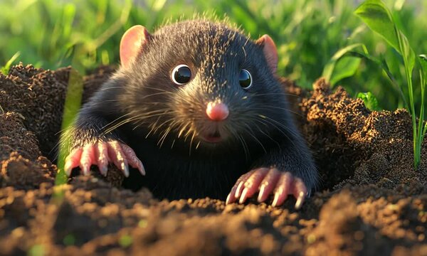 A cute cartoon mole peeks out from the ground, surrounded by green grass.