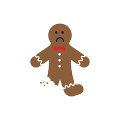 Broken gingerbread man. Sad cookie figure. Christmas icon design. Vector holiday illustration.