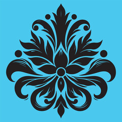 An attractive black vector graphic design floral motif with a central stylized leaf or bud shape surrounded by ornate petal-like elements 