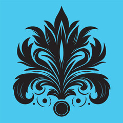 An attractive black vector graphic design floral motif with a central stylized leaf or bud shape surrounded by ornate petal-like elements 