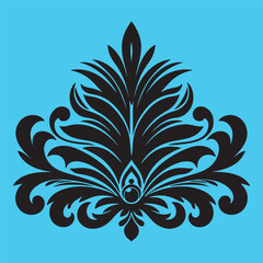 An attractive black vector graphic design floral motif with a central stylized leaf or bud shape surrounded by ornate petal-like elements 