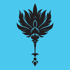 An attractive black vector graphic design floral motif with a central stylized leaf or bud shape surrounded by ornate petal-like elements 