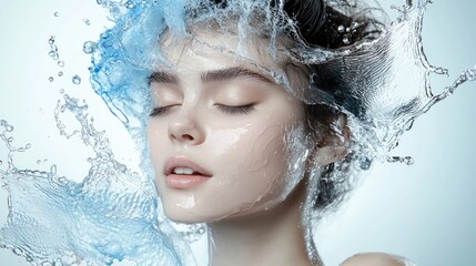 Radiant glow: stunning young woman surrounded by splashes of water, essence of skincare and beauty, refreshing effects of hydration on her flawless complexion and youthful allure.
