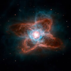 Obraz premium A celestial nebula with a bright central star and four lobes of gas and dust, illuminated by the star's radiation.