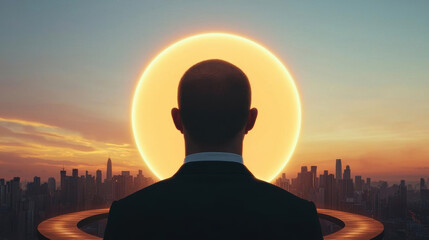 Fototapeta premium A silhouetted figure in a suit stands against a vibrant sunset, with a large golden sun casting a warm glow over a city skyline.