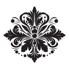 An attractive black vector graphic design floral motif with a central stylized leaf or bud shape surrounded by ornate petal-like elements 