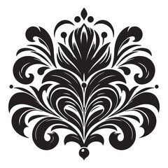 An attractive black vector graphic design floral motif with a central stylized leaf or bud shape surrounded by ornate petal-like elements 