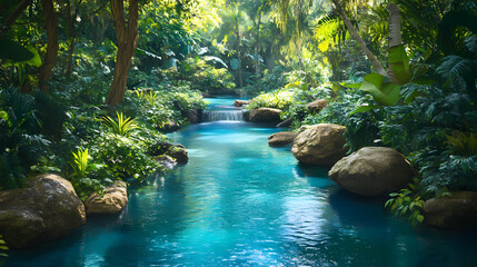 Naklejka premium A tranquil teal stream winding its way through lush greenery, its soothing babble harmonizing with nature's tranquility. Baroque. Illustration
