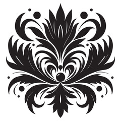 An attractive black vector graphic design floral motif with a central stylized leaf or bud shape surrounded by ornate petal-like elements 