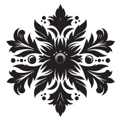 An attractive black vector graphic design floral motif with a central stylized leaf or bud shape surrounded by ornate petal-like elements 