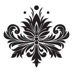 An attractive black vector graphic design floral motif with a central stylized leaf or bud shape surrounded by ornate petal-like elements 