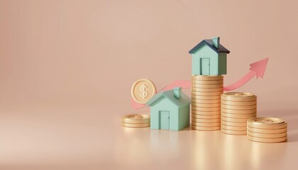 A visual representation of real estate investment, featuring miniature houses, coins, and an upward trend arrow symbolizing growth.