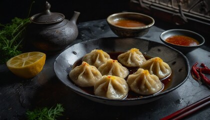 A Moody Shot of Guotie Dumplings Steamed to Perfection, With Crispy Golden Edges and a Side of Chili Oil Dipping Sauce, Captured in Dramatic Low Lighting