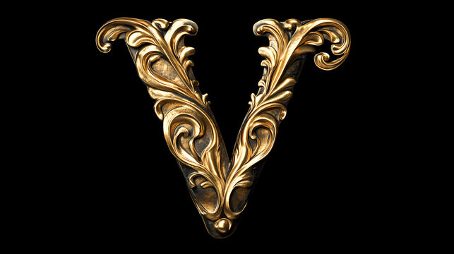 Alphabet letter v with metallic gold or brass texture isolated on black background, baroque style font design, golden uppercase abc for poster, cover, book. Baroque. Illustration