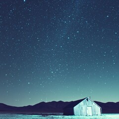 A lone cabin silhouetted against a star-filled night sky.