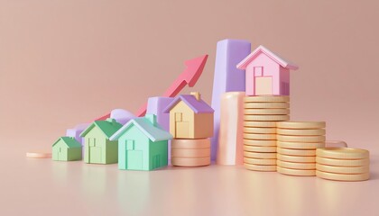 Colorful miniature houses and coins symbolize real estate growth, investment, and economic trends on a soft pastel background.