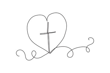 Heart with cross. Christian faith symbol. Love and spirituality. Minimalist line art.