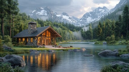 Fototapeta premium Cozy cabin by a serene lake surrounded by mountains and forest.