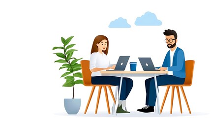 Two business professionals a man and a woman collaborating on business tasks using a laptop computer at an office desk  They are working together brainstorming and discussing ideas